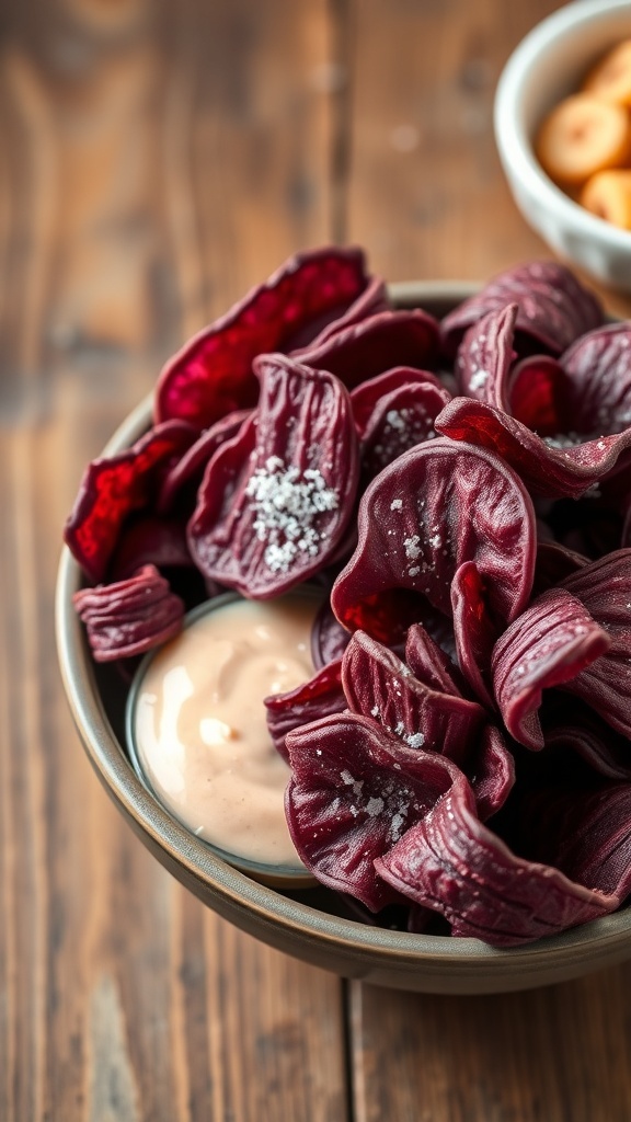 A bowl of crispy purple potato chips with salt, served with a dip on a rustic wooden table.